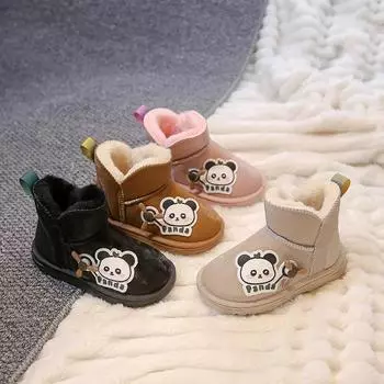 Cute Cartoon Children s Winter Boots New Fashion Panda Printed Boy Snow Boots Outdoor Warm Plush Versatile Kids Shoes for Girl 22 чёрный