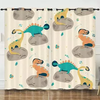 Cute Cartoon Dinosaur Curtains For Window Treatment Drapes Window Curtains For Living Room Bedroom Boys Kids Room Home Decor W60H60(CM)x2PCS&HOOK