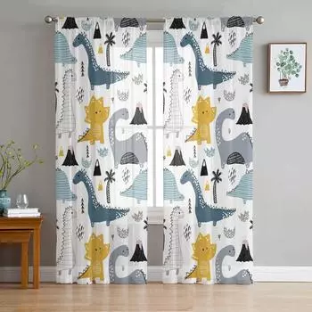 Cute Cartoon Dinosaur Kawaii Tulle Sheer Curtains for Living Room Decoration Window Curtain for Bedroom Voile Organza Drapes W135 x H115cm x1&Rod Pocket