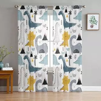 Cute Cartoon Dinosaur Kawaii Tulle Sheer Curtains for Living Room Decoration Window Curtain for Bedroom Voile Organza Drapes W135 x H115cm x1&Rod Pocket