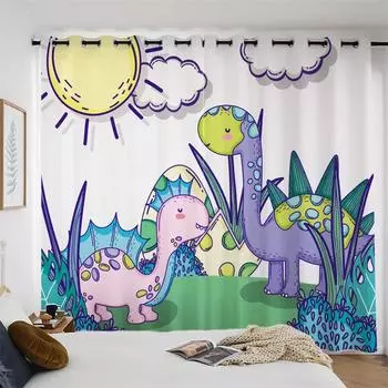 Cute Cartoon Dinosaur New High Shading Window Curtain Bedroom Children s Room Partition Decoration Thick Blackout Curtain 2Pcs W55 X H120cm X 2&HOOK