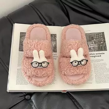 Cute cartoon eyes rabbit thick sole one-word fluffy shoes season fashionable retro casual solid color girls cotton slippers 36-37