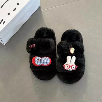 Cute cartoon fluffy slippers for women to wear autumn and winter new retro versatile cotton slippers thick-soled fluffy shoes 36-37