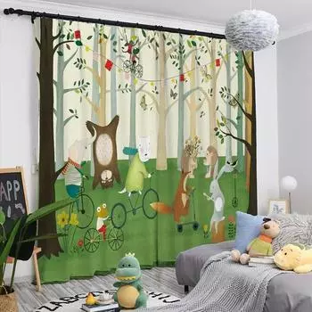 Cute Cartoon Green Forest Wildlife Thick Blackout Curtain Bedroom Living Room Window High Shading Drape 2 Pieces New Pattern W55 X H120cm X 2&HOOK