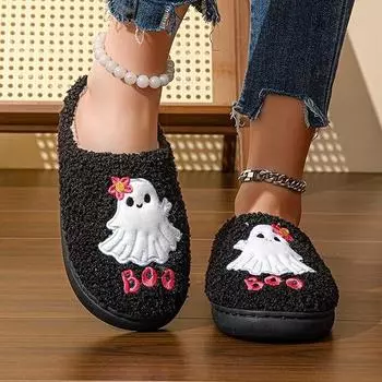 Cute cartoon little ghost cotton slippers women s winter bag head warm plush thickened soft bottom non-slip couple slippers чёрный
