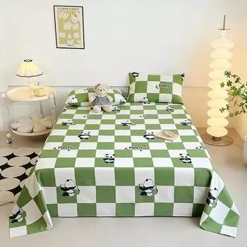 Cute Cartoon Panda Bed Sheet Set Cotton Thickened Green Plaid Bed Cover Soft Breathable 3Pcs Bedding Set for Kids Boys Girls 120x230cm 3Pcs