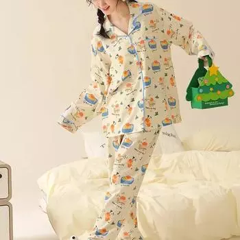 Милый мультяшный принт Ins Милые женские пижамы осень-зима молочный шелк ленивые шезлонги M