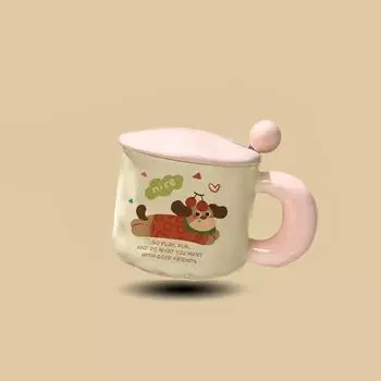 Cute Cartoon Puppy Ceramic Cup High Looking Mug Cup with Lid Spoon Water Cup Birthday Gift for Girls and Children 301-400ml