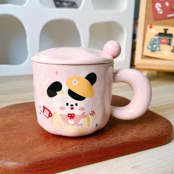 Cute Cartoon Puppy Couple Ceramic Cup Mug Water Cup Girls Boys Gift Souvenir with Cover Spoon 340ml