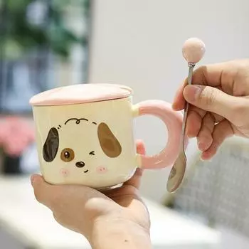 Cute Cartoon Puppy Mug with Lid Ceramic Cup To Give Girlfriend Birthday Gift High Appearance Meaningful Souvenir 401-500ml