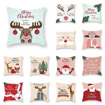 Cute Cartoon Santa Claus Elk Print Cushion Cover Home Living Room Sofa Chair Decoration Polyester Pillow Cover 45x45cm 40X40CM