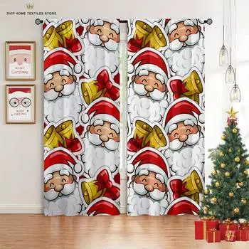 Cute Cartoon Santa Claus Print Curtain, Rod Pocket, Bedroom, Living Room, Dining Room, Christmas Decoration, 2 Pcs Set W50X130H(CM)X2PCS&Grommet Top