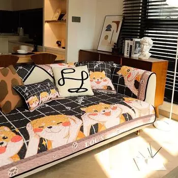 Cute Cartoon Shiba Inu Fabric Sofa Cushion Minimalist Modern Korean Style Stain Resistant Living Room Sofa Towel Non Slip All Year Round Neutral Shiba dog pinching-All Year Round washing 90*160cm