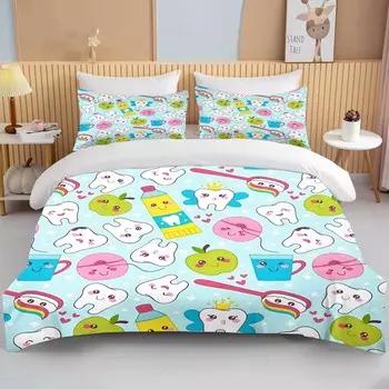 Cute Cartoon Teeth Print Bedding Set Duvet Cover 1 Duvet Cover 2 Pillowcases Adult and Children Bedding Set Luxury Bed Cover Set EU single(135x200cm)