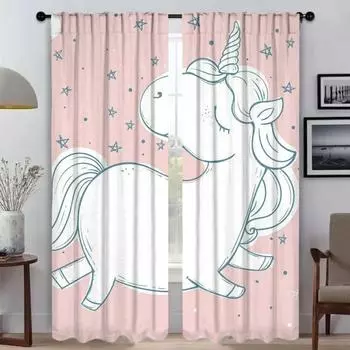 Cute Cartoon Unicorn Anti-mosquito Curtains for Living Room Tulle for Bedroom Shades Blackout Curtain Partition Kitchen Elegant W50xH70cmx2pcs-CL