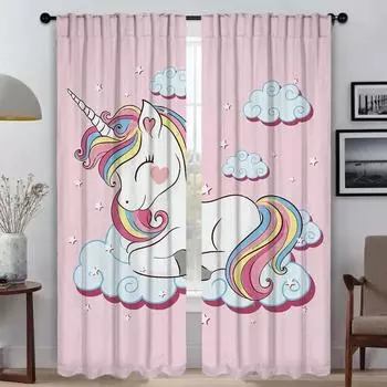Cute Cartoon Unicorn Home Interior Curtains for Living Room Curtain Tulle for Bedroom Shades Anti-mosquito Curtains 2 Pieces W50xH70cmx2pcs-CL
