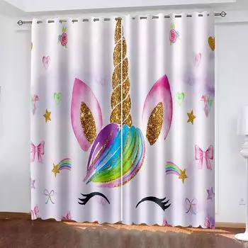 Cute Cartoon Unicorn Rainbow Girl Children s Kid Free Shiping 2 Pieces Thin Shading Winodw Curtain for Living Room Bedroom Decor 98W202H CM&Rod Pocket