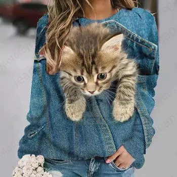 Милая кошачья 3D-печать с капюшоном Женская мода с капюшоном с круглым вырезом Женская толстовка Осень-зима Пальто с изображением животных Одежда для девочек Kawaii Hoodie Girl S