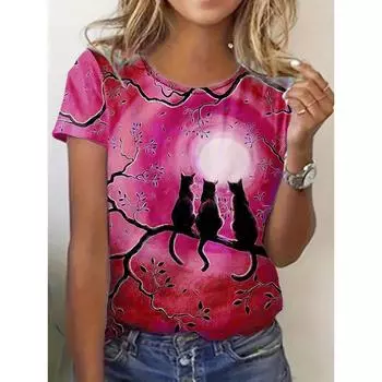 Cute Cat 3D Print O-Neck TShirt Women Tee Short Sleeve T-Shirt for Spring Summer Streetwear T-Shirts S