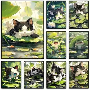 Cute Cat and Frog on The River Lotus Leaf Poster Modern Animals Canvas Painting Wall Art for Living Room Home Decor Mural 21cm30cm NoFrame