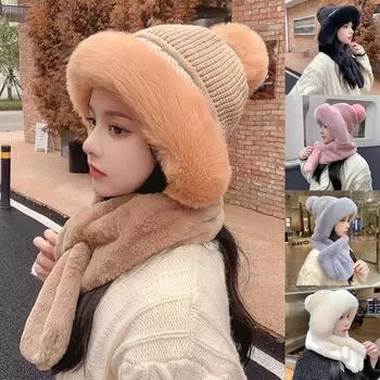 Cute Cat Ear Warm Winter Knitted Hats Women Thick Warm Beanie Fluffy Hat Knit Caps хаки