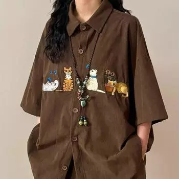 Cute Cat Embroidered Women s Casual Shirt Lapel Short Sleeved Solid Color Loose Shirts Summer Single Breasted Chic Tops M