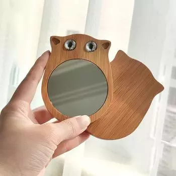 Cute Cat Makeup Mirror Natural Bamboo Cosmetic Touch-up Mirror Portable Beauty Mirror Travel style 2