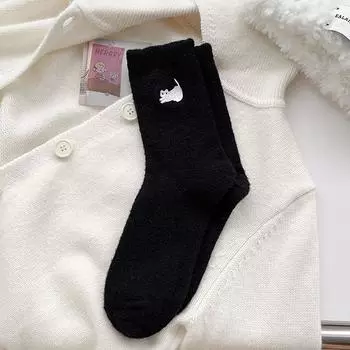 Cute Cat Mink Fleece Super Soft Socks For Women Winter Warm Cozy Hairy Mink Hosiery Thickened Plush Warm Sleep Home Fluffy Socks чёрный
