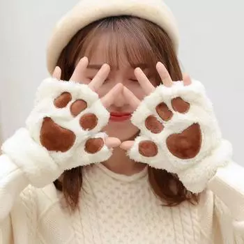 Cute Cat Paw Gloves Cute Winter Warm Girl Open Finger Gloves Plush Cat Paw Women Half Finger Gloves чёрный