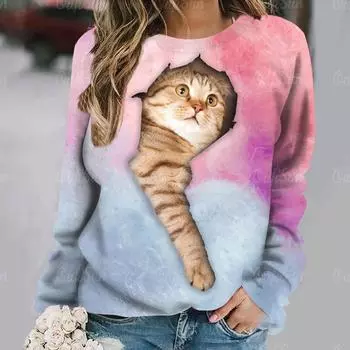 Милый принт кота хлопковые женские футболки осень/зима повседневные длинные рукава футболки пуловеры модные свободные повседневные женские топы S