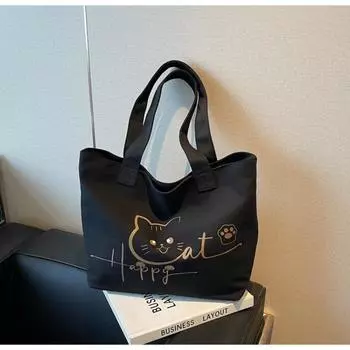 Cute cat print large capacity simple fashion bag fashion personality portable shoulder new tote bag чёрный
