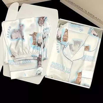 Милая пижама с принтом кота, атласная шелковая пижама с длинными рукавами, модная пижама на весну и лето для женщин, домашняя одежда с отворотом M