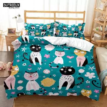 Cute Cat Print Quilt Cover Pillow Cover Bedding Set Luxury Queen Bedding Set Cute Style Customized children‘s Bedding Set EU single(135x200cm)