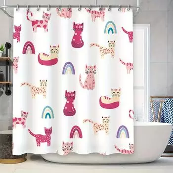 Cute Cat Print Shower Curtain Fabric Decor Pink Rainbow Flowers Pets Cartoon Bathroom Liner Home Accessories 3D Printed Plastic 90x180cm
