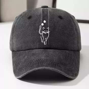 Cute cat printed baseball cap, retro washed denim curved hip hop hat, adjustable outdoor travel hat