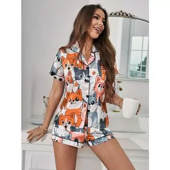 Симпатичный атласный пижамный комплект с принтом кота и щенка, топ с короткими рукавами, пуговицами, отворотами и эластичными шортами, женская одежда для сна S