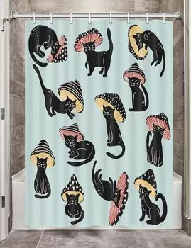 Cute Cat Shower Curtain, Funny Animal Cartoon Cat Floral Wildflower Black Fabric Shower Curtains Set for Bathroom Decorative 120x180CM