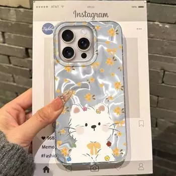 Cute Cat Small Flowers Girls Women Phone Case For Apple iphone 16pro 15 16 14 13 Pro Max 16e 12 11 7 8 Plus XR SE Fundas Cover ipone 16e белый