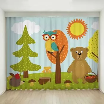 Cute Catoon Style Zoo Animal Bear Giraffe Lion High Shading Curtain Children s Bedroom Living Room Window Blackout Curtain 2 Pcs W55 X H120cm X 2&HOOK