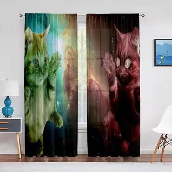 Милые кошки космические кавайные котята тюлевые шторы для спальни, зала, гостиной, декор шифоновая прозрачная вуаль занавеска кухонные шторы 1 PCS W100XH250cm&Rod Pocket