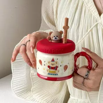 Cute Ceramic with Lid Mug Saucer Graduation Gift High Value Holiday Souvenir Set Cartoon Cup Water Cup 250ml