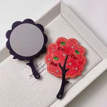 Cute Cherry Acetate Makeup Mirror Rhinestone Colorful Tree Shape Mirror Cartoon High Definition Handle Portable Mirror Girl