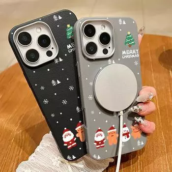 Cute Christmas Gingerbread Pattern Magnetic Case For iPhone 16 Pro Max 15 Pro 14 13 12 11 Love Hearts Shockproof Soft Matte for MagSafe Phone Cover iPhone 16 чёрный
