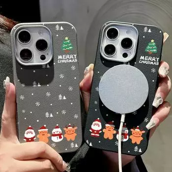 Cute Christmas Leather Texture for Magsafe Magnetic Phone Case for iPhone 16 15 Pro 14 Plus 13 12 Pro Max 11 Shockproof Soft Tpu Slim Cover iPhone 16 чёрный