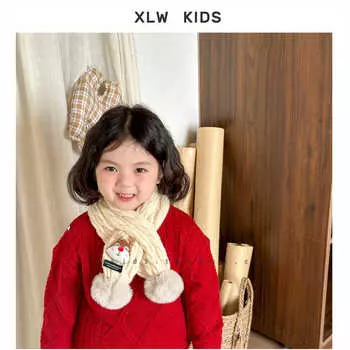 Cute Christmas wind winter children s scarves, thickened warm and cold-proof knitted hairball scarves for boys and girls 80-100cm