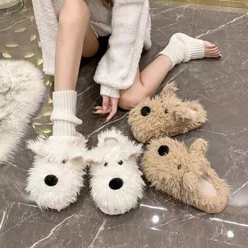 Cute Cotton Slippers Woman Waterproof Winter Indoor Non-slip Slides Plush Warm Couple Home Sandals Flat Shoe Shark Flip Flops 36-37 белый