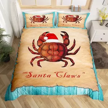 Cute Crab Duvet Cover Set King Size,Vintage Ocean Animals Bedding Set 3Pcs Happy Christmas Theme Comforter Cover for Girls Boys US Queen(228x228cm)
