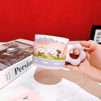 Cute Creative Rabbit Spring Outing Water Cup Drawing Handle Cartoon Ceramic Cup Mug 320ml