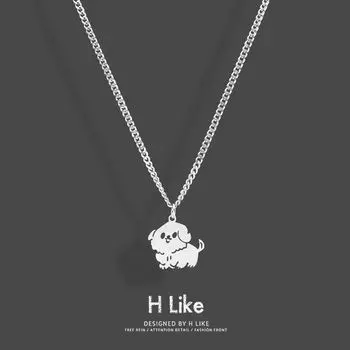 Cute Curly Puppy Necklace Pendant Titanium Steel Personality Chain Snake Bone Short Chain Men and Women Elegant Indifference Trend O-chain 55cm titanium steel curly puppy