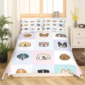 Cute Dog Duvet Cover Set King Queen Size Kawaii Dog Animals Pattern Bedding Set for Kids Boys Girls Polyester Comforter Cover EU single(135x200cm)